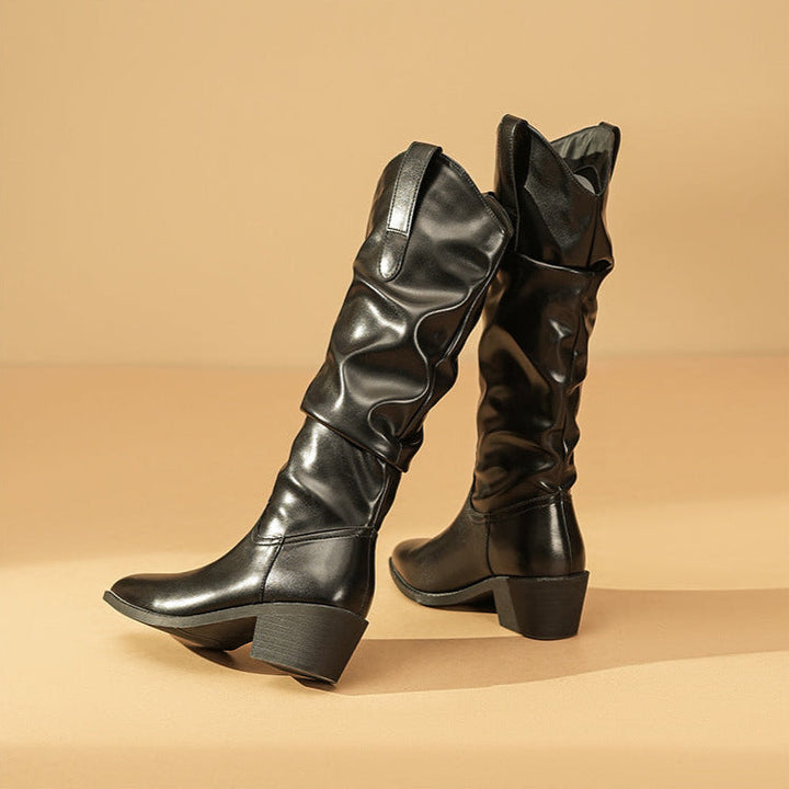 Sophie | Mid-Calf Leather Slouch Block Heel Boots