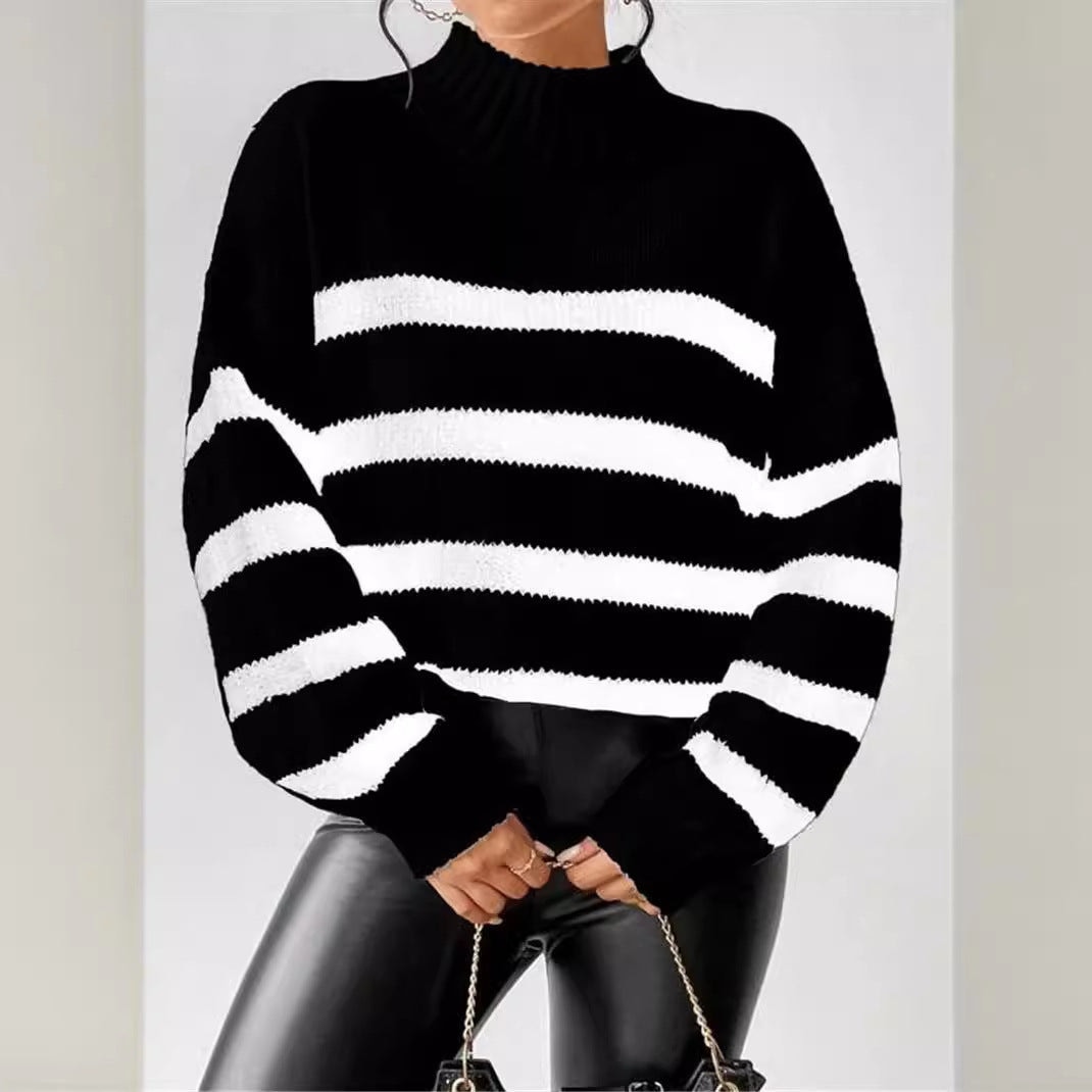 Laguna | Winter Ribbed Collar Striped Turtleneck Sweater