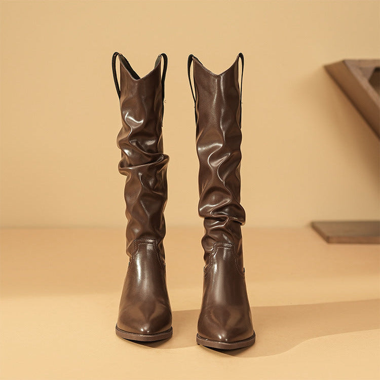 Sophie | Mid-Calf Leather Slouch Block Heel Boots