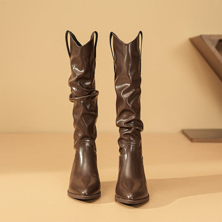 Sophie | Mid-Calf Leather Slouch Block Heel Boots
