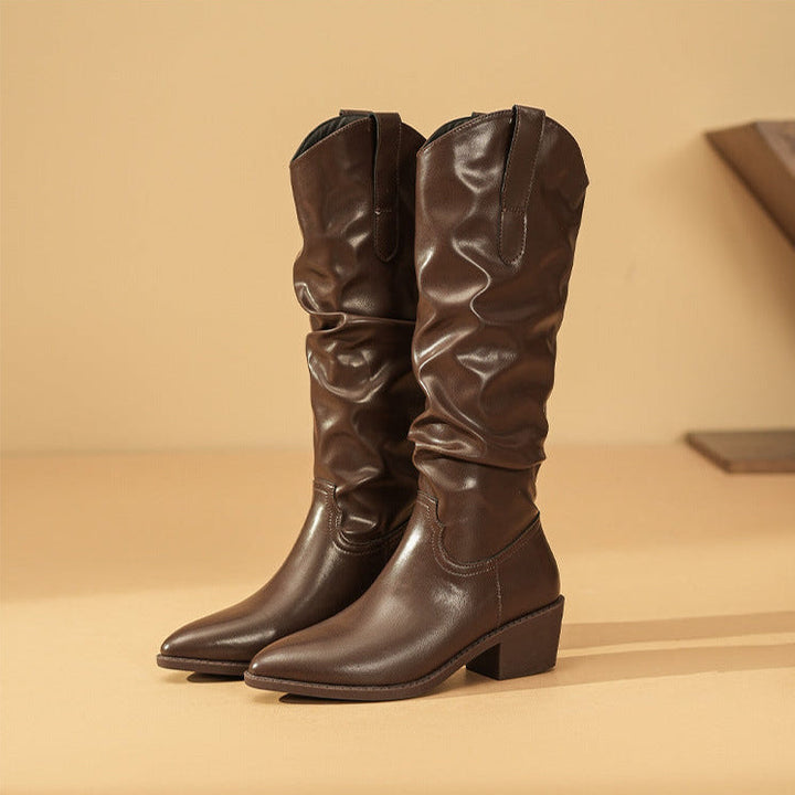 Sophie | Mid-Calf Leather Slouch Block Heel Boots