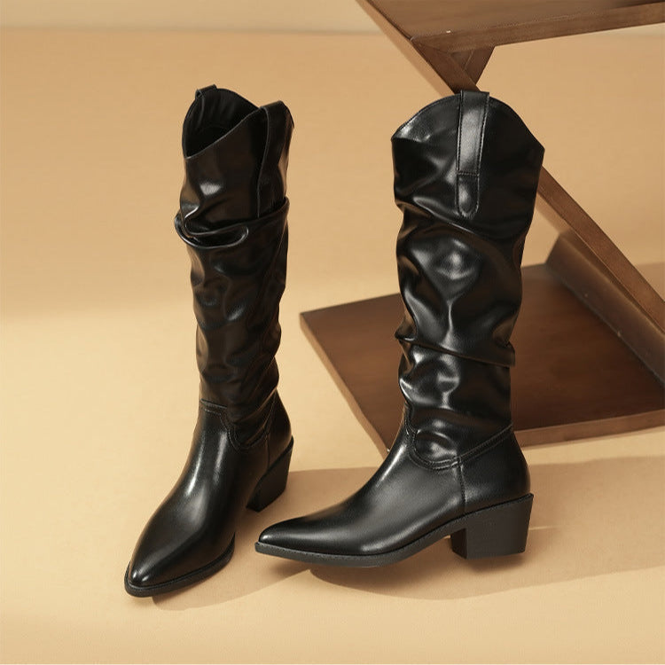 Sophie | Mid-Calf Leather Slouch Block Heel Boots