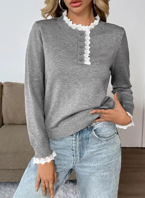 Layla| Lace-Trim Ribbed-Cuff Button-Detail Knit Sweater