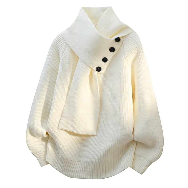 Josephine | Asymmetric High Neck Button Details Ribbed Knit Sweater