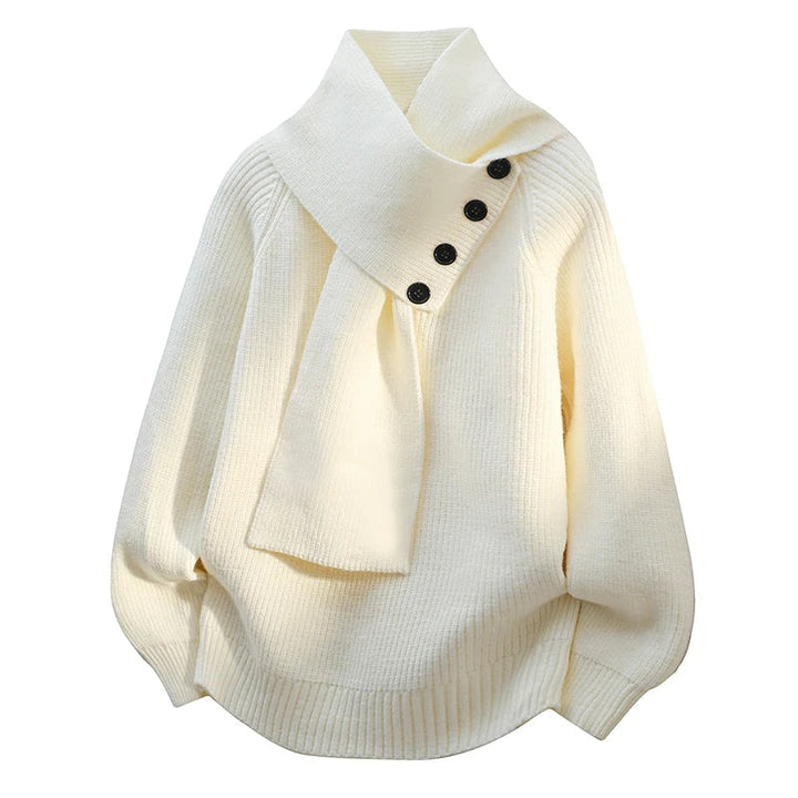 Josephine | Asymmetric High Neck Button Details Ribbed Knit Sweater