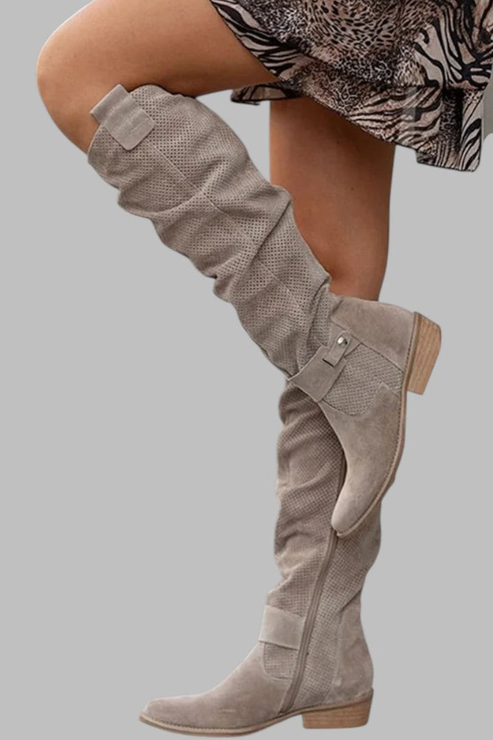 Karen | Knee High Suede Slouch Low Heel Boots