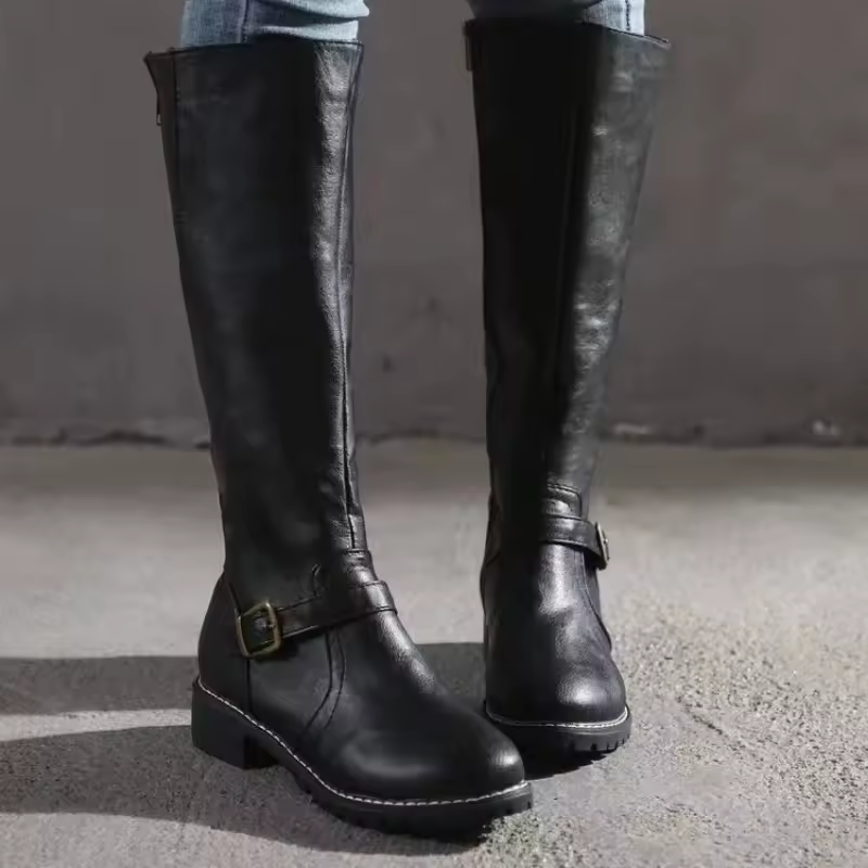 Joana | Knee-High Flat Heel Buckle Strap Winter Boots