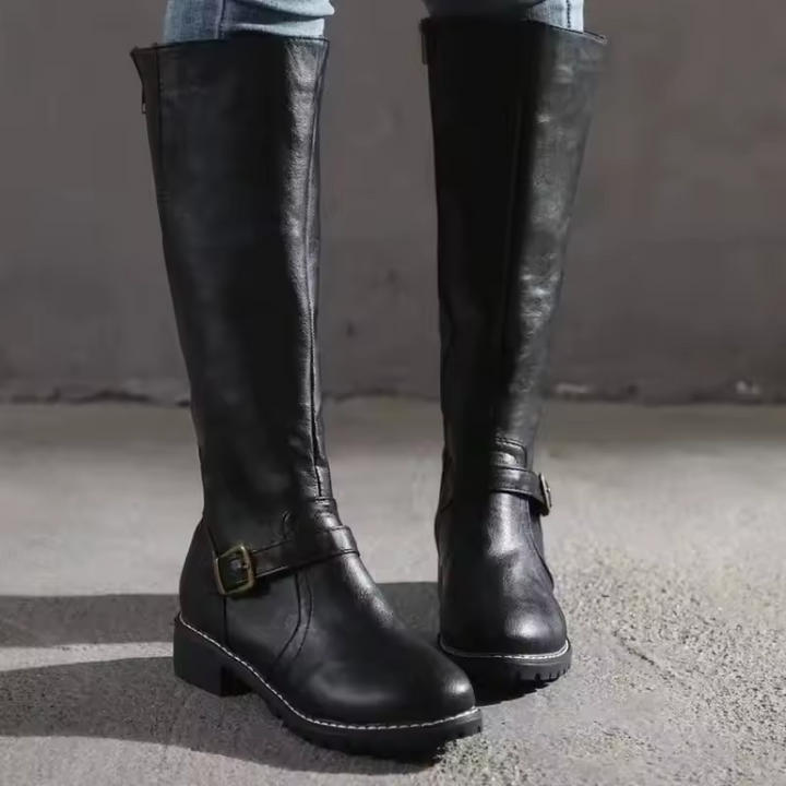 Joana | Knee-High Flat Heel Buckle Strap Winter Boots