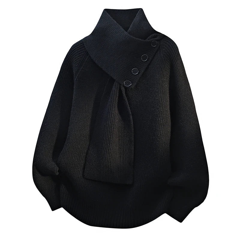 Josephine | Asymmetric High Neck Button Details Ribbed Knit Sweater