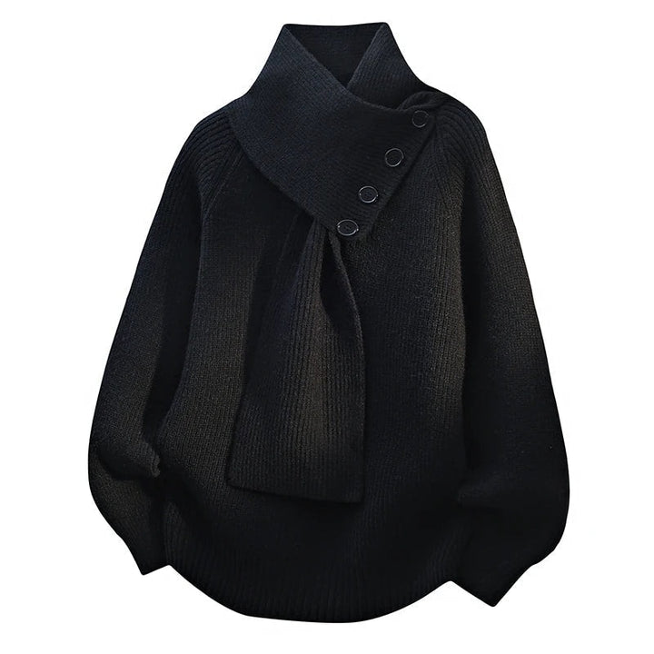 Josephine | Asymmetric High Neck Button Details Ribbed Knit Sweater