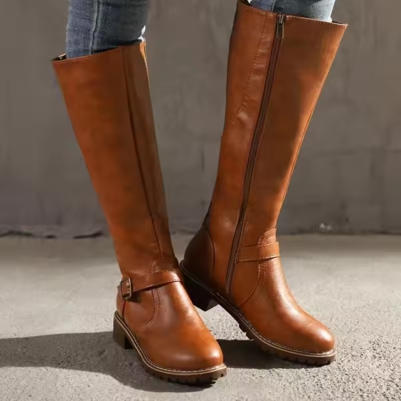 Joana | Knee-High Flat Heel Buckle Strap Winter Boots