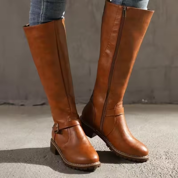 Joana | Knee-High Flat Heel Buckle Strap Winter Boots