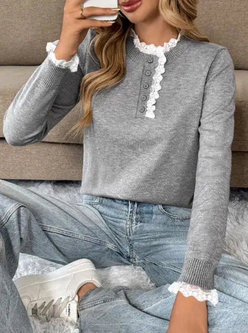 Layla| Lace-Trim Ribbed-Cuff Button-Detail Knit Sweater