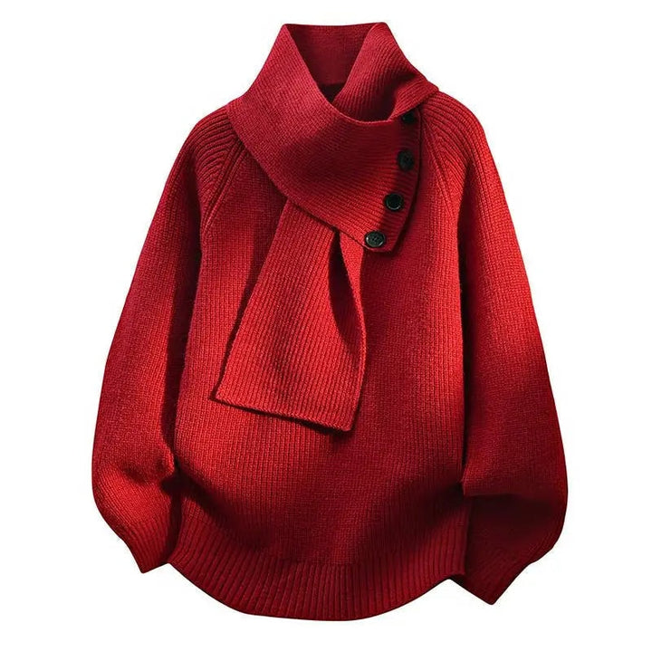 Josephine | Asymmetric High Neck Button Details Ribbed Knit Sweater
