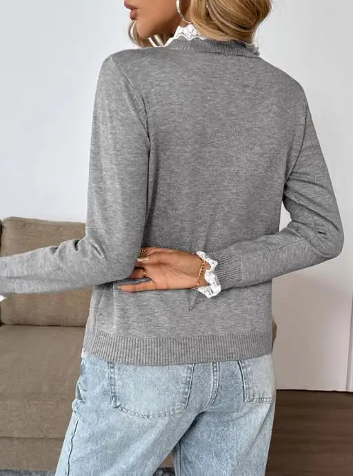 Layla| Lace-Trim Ribbed-Cuff Button-Detail Knit Sweater