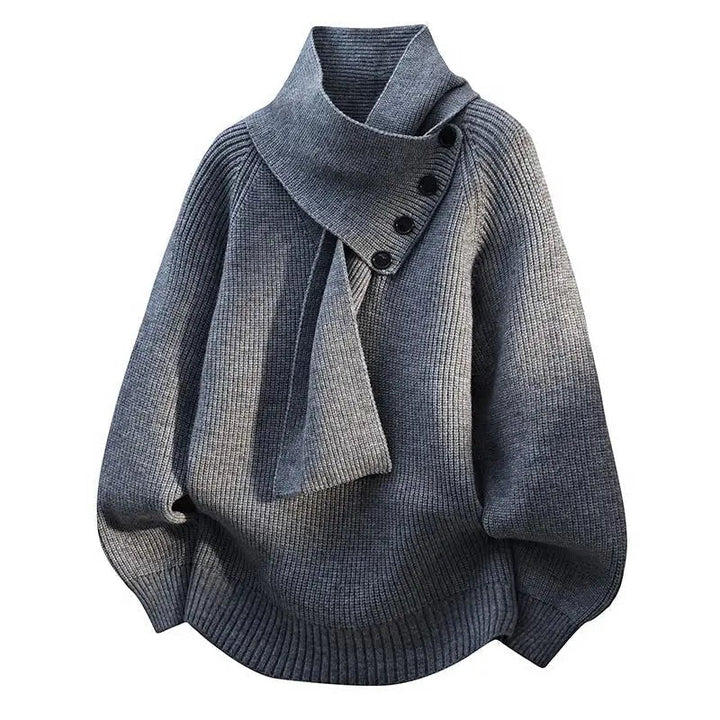 Josephine | Asymmetric High Neck Button Details Ribbed Knit Sweater