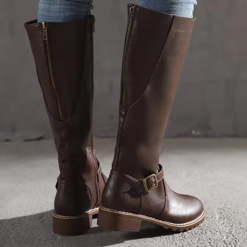 Joana | Knee-High Flat Heel Buckle Strap Winter Boots