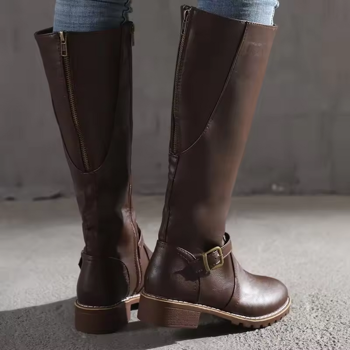 Joana | Knee-High Flat Heel Buckle Strap Winter Boots