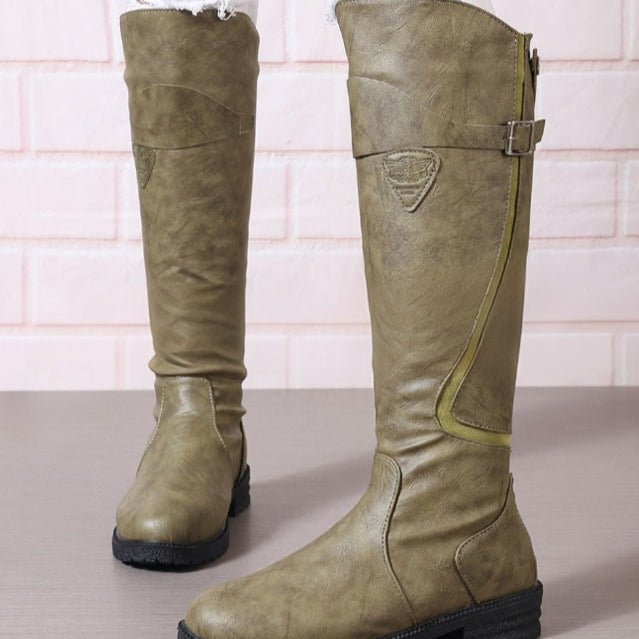 Rachel | Knee High Leather Side-Zip Buckle Boots