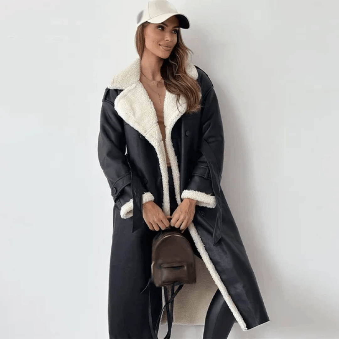 Megan | Faux Shearling Trim Belted Longline Trench Coat