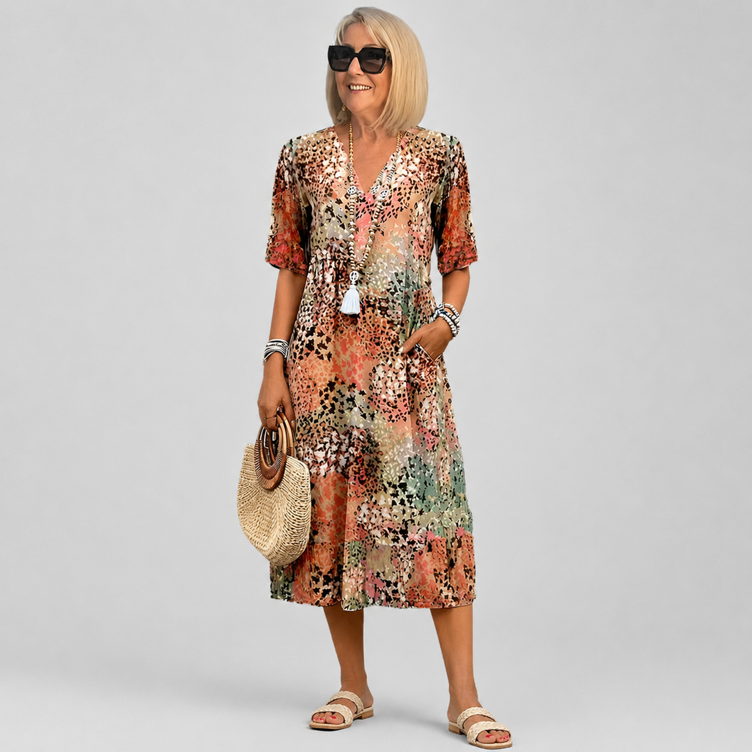 Tara | Elegant Floral Midi Dress with Tummy Coverage