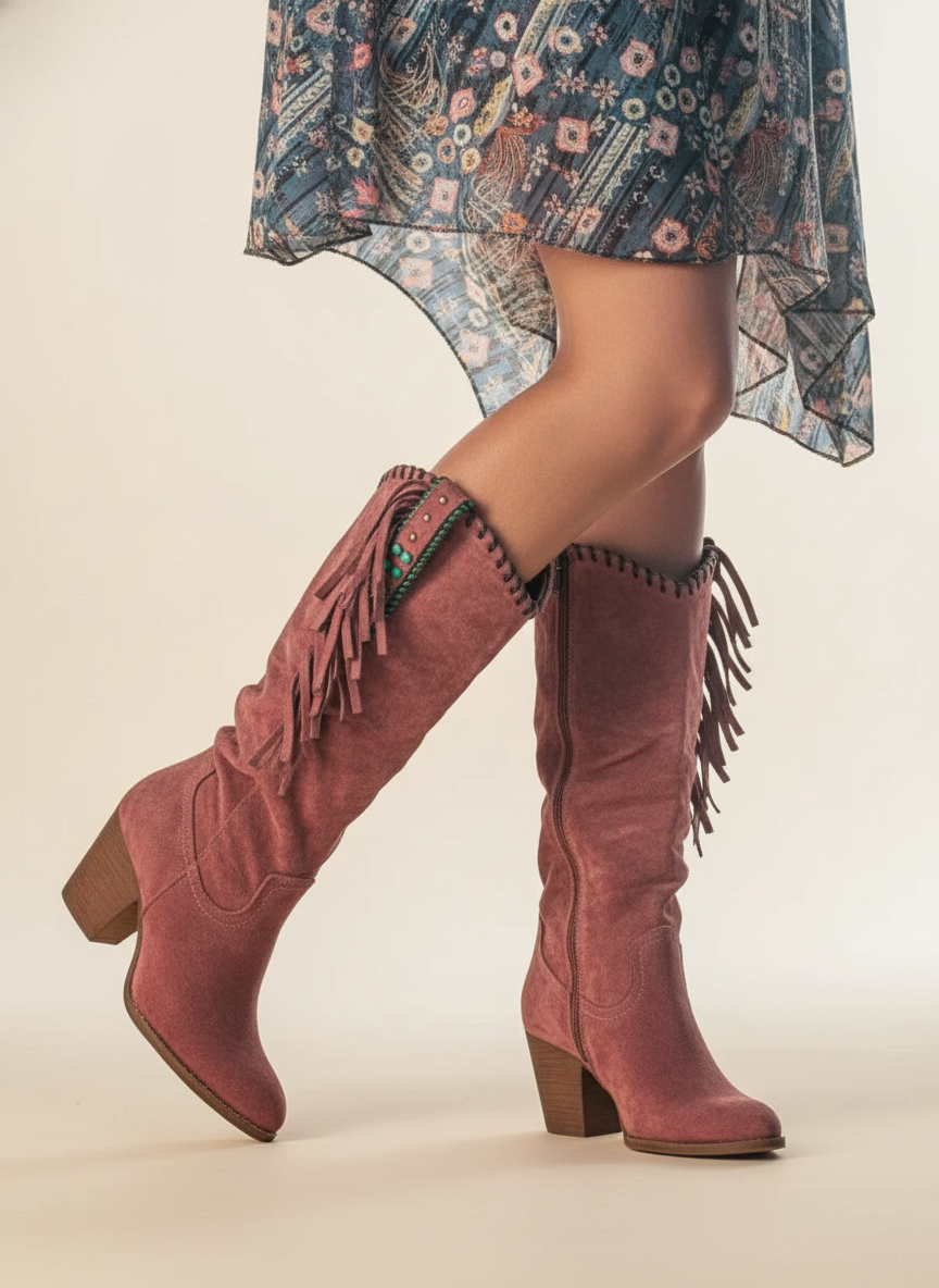 Sienna | Winter Knee-High Block Heel Fringe Cowboy Boots