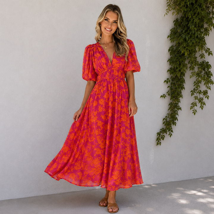 Ella | Floral V-Neck Maxi Wedding Guest Dress