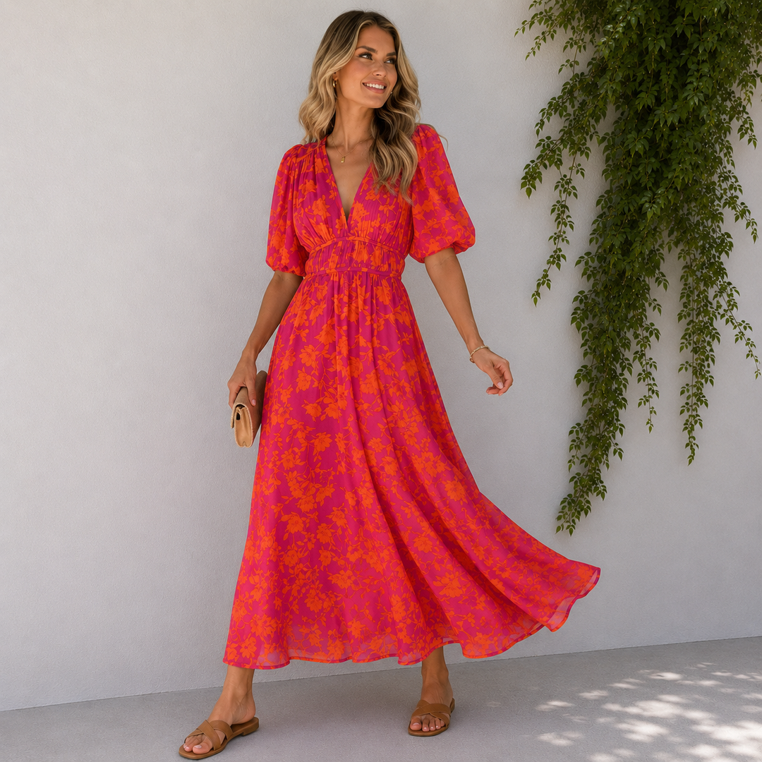 Ella | Floral V-Neck Maxi Wedding Guest Dress