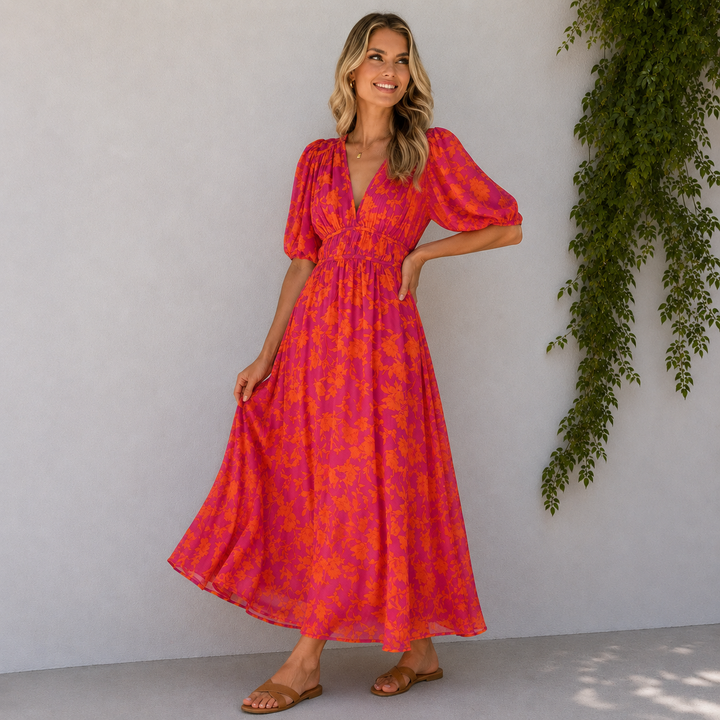 Ella | Floral V-Neck Maxi Wedding Guest Dress