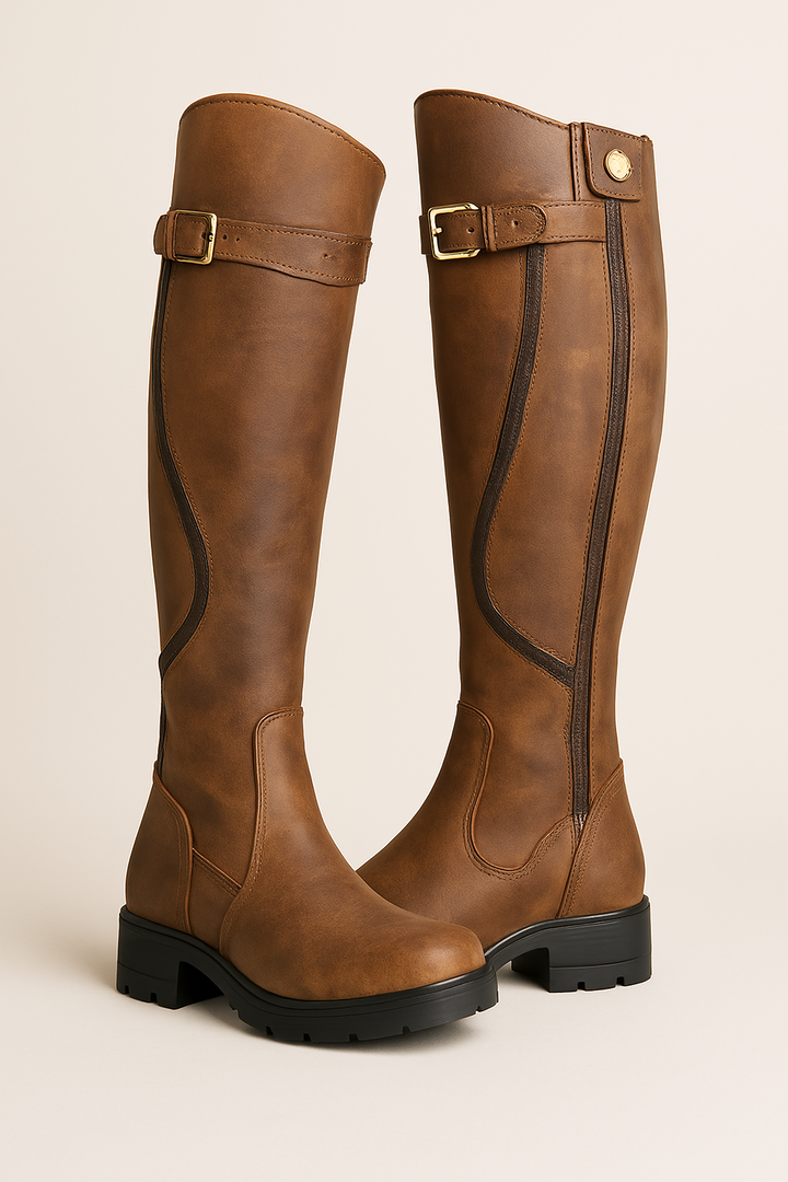 Rachel | Knee High Leather Side-Zip Buckle Boots