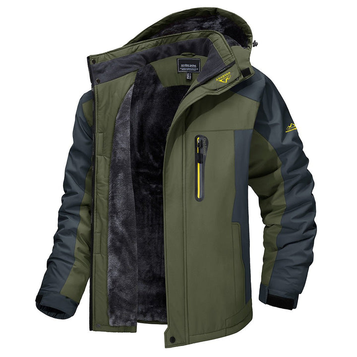 August | Hooded High Collar Full Zip Front Panel Sleeve Design Jacket