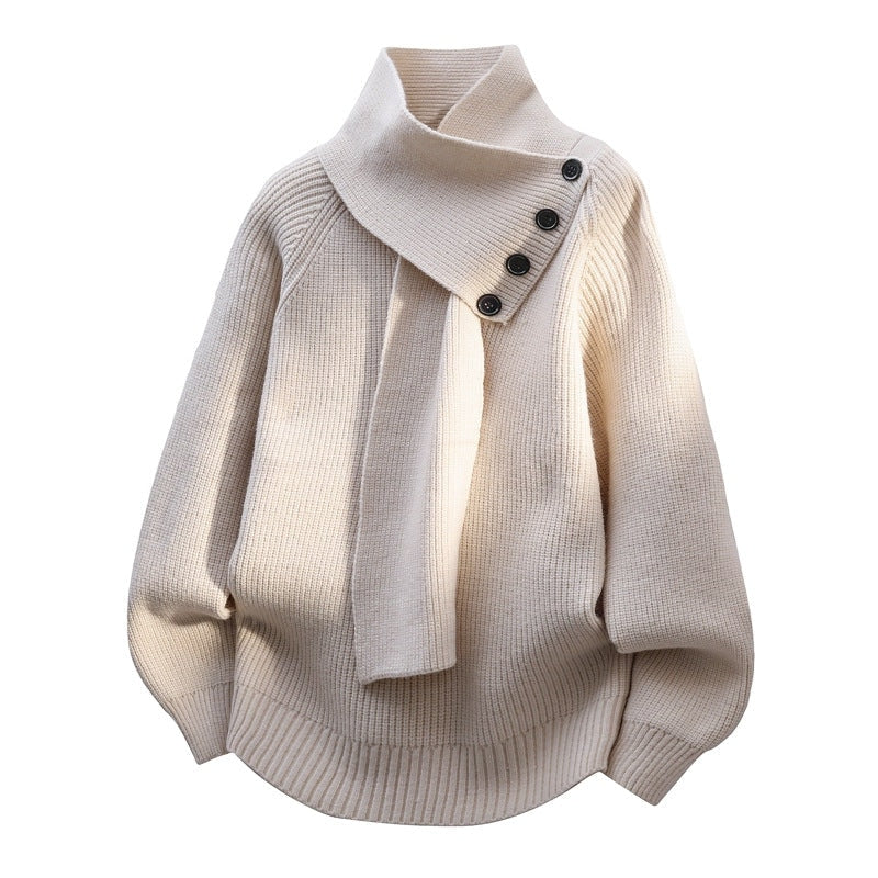 Josephine | Asymmetric High Neck Button Details Ribbed Knit Sweater