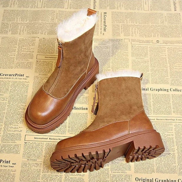 Sophia | Faux Fur Lined Front Zip Closure Ankle Leather Boots