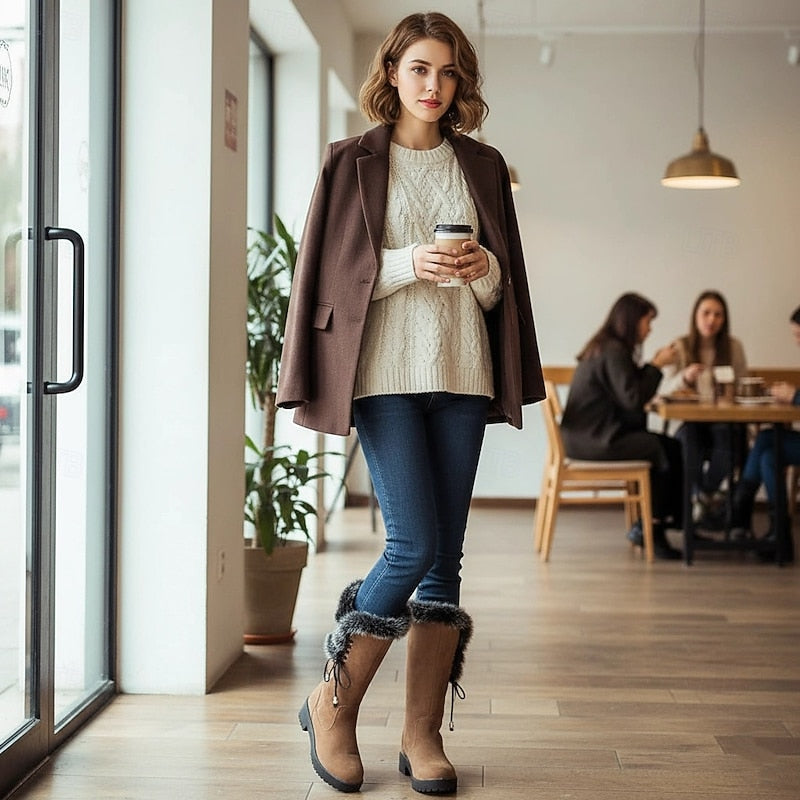 Sandra | Fur-Trimmed Collar Low Block Heel Waterproof Snow Boots