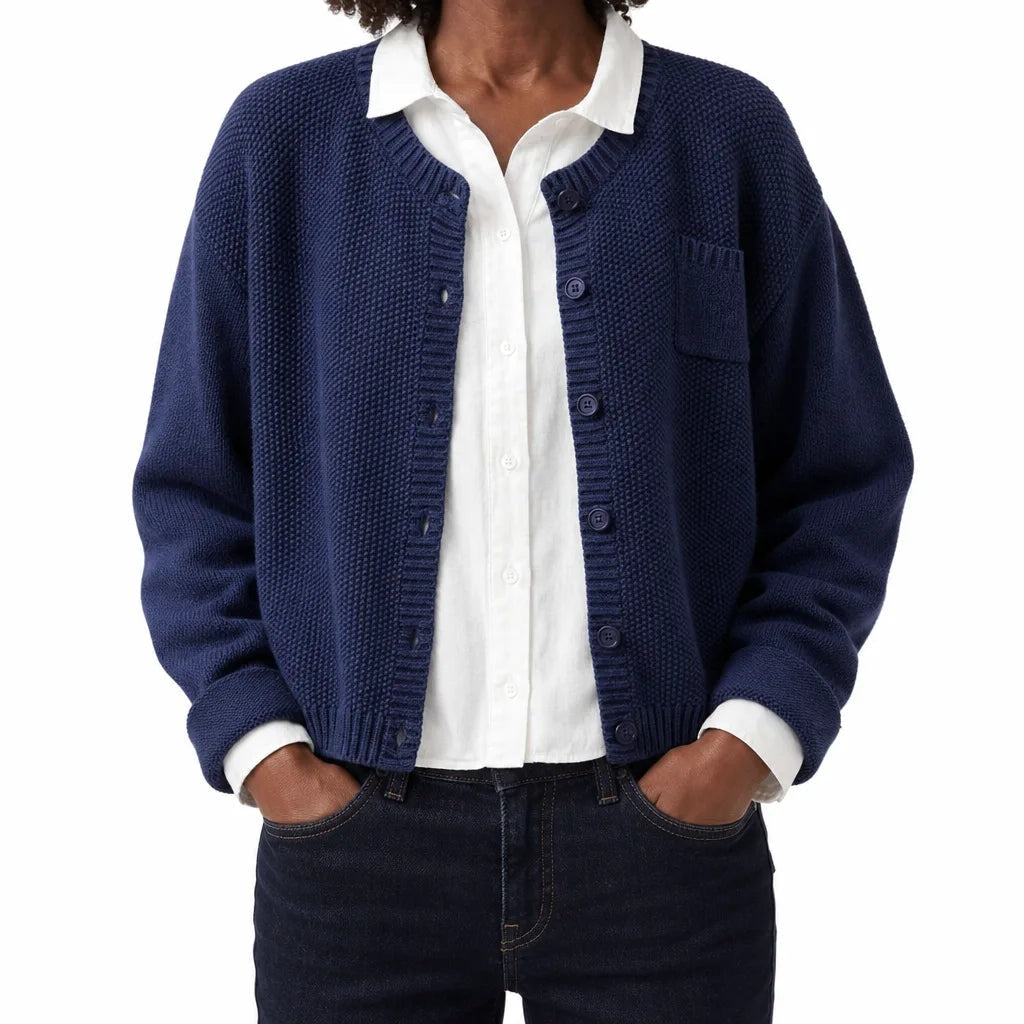 Emma | Warm Garter-Stitch Button-Front Cotton Cardigan