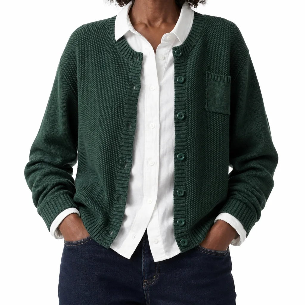 Emma | Warm Garter-Stitch Button-Front Cotton Cardigan
