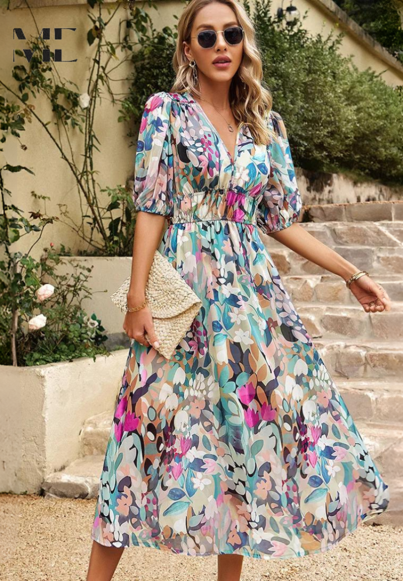 Jasmine | Wedding Guest Floral V-Neck Midi Dress