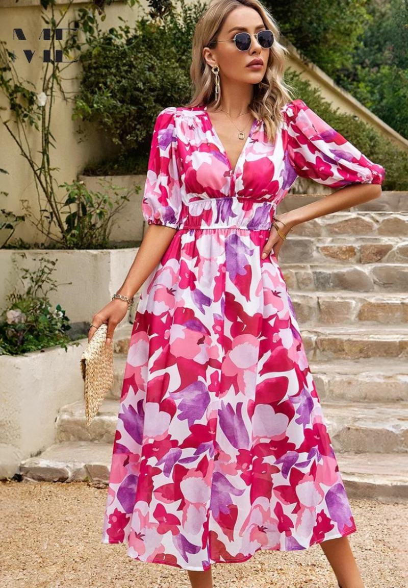 Jasmine | Wedding Guest Floral V-Neck Midi Dress