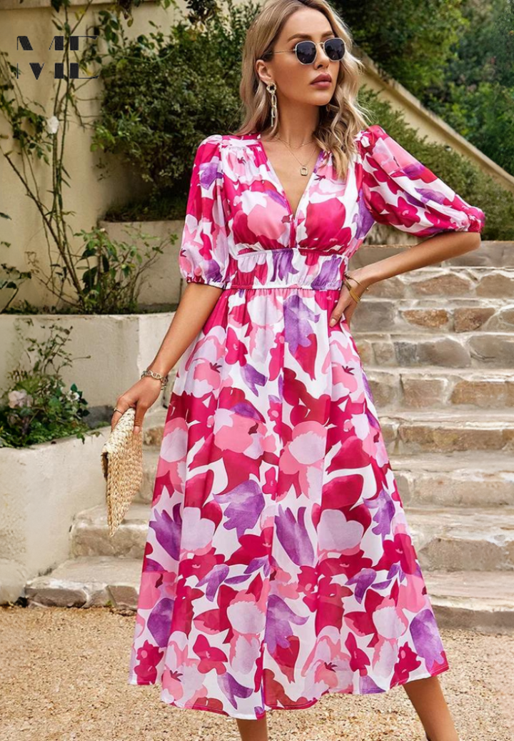 Jasmine | Wedding Guest Floral V-Neck Midi Dress