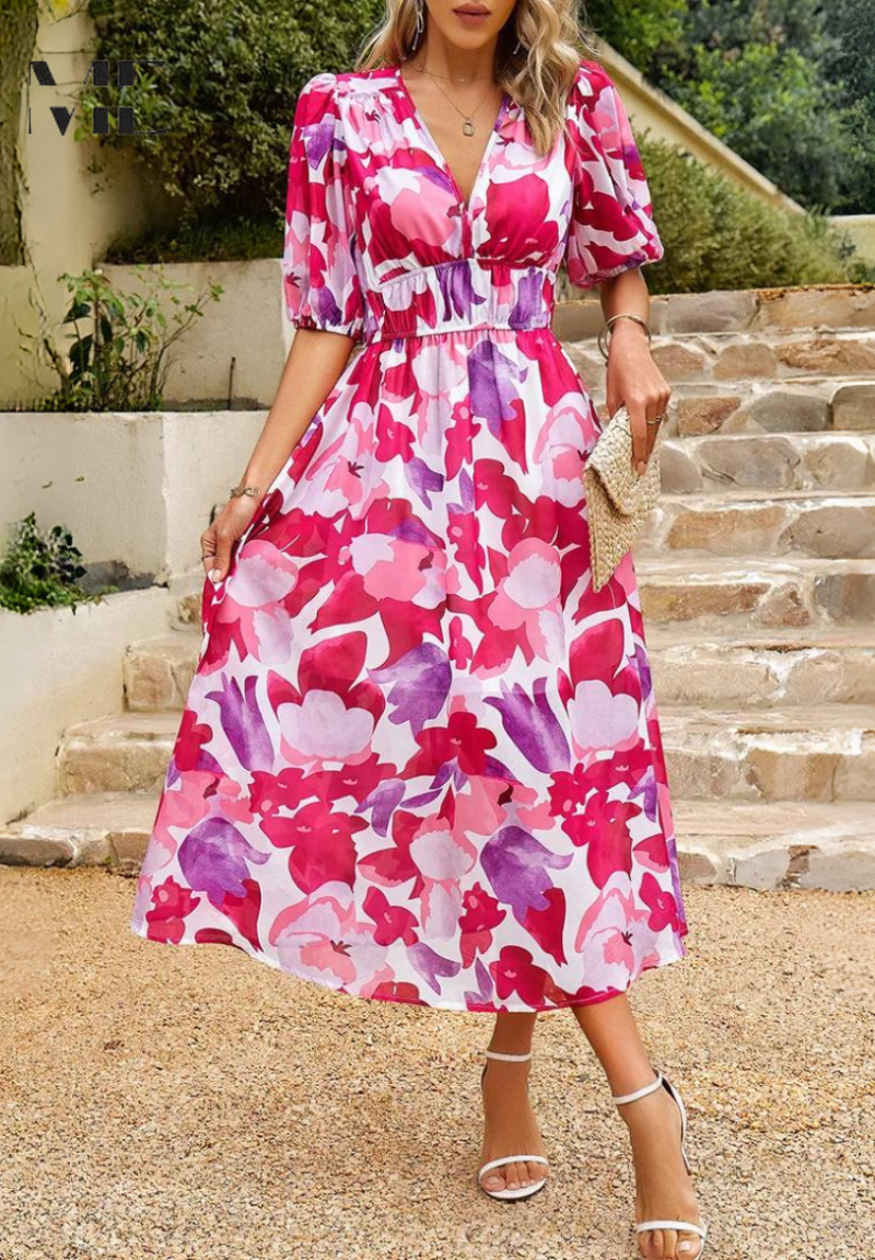 Jasmine | Wedding Guest Floral V-Neck Midi Dress