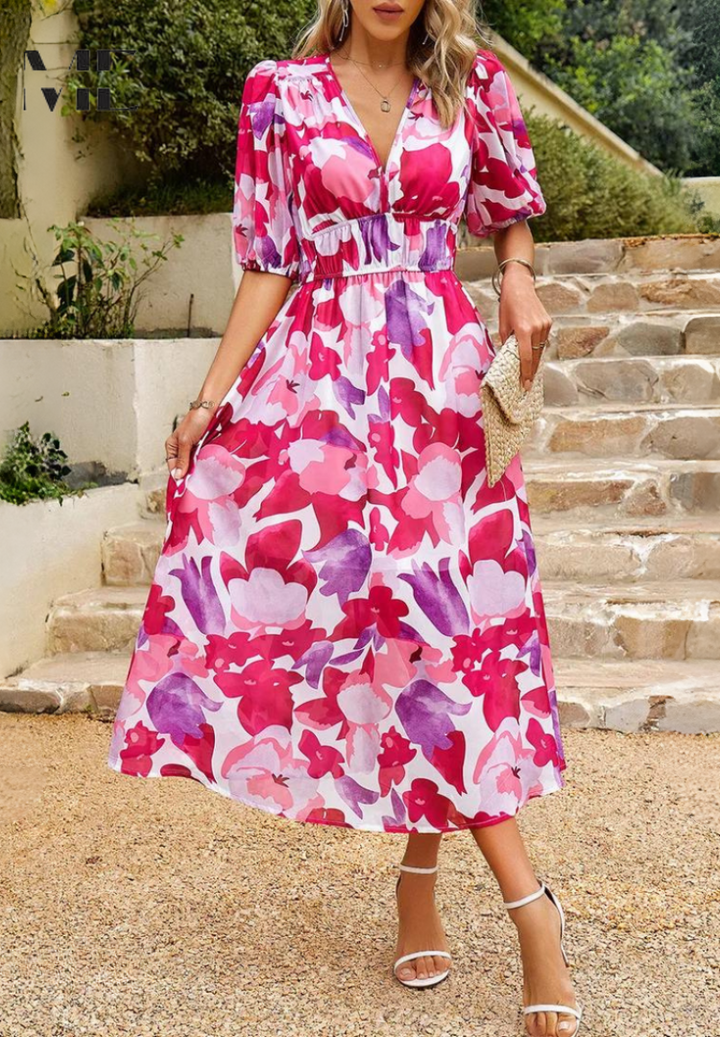 Jasmine | Wedding Guest Floral V-Neck Midi Dress