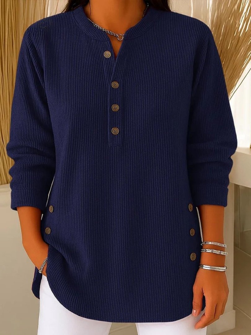 Josephine | Crew Neck Button Details Ribbed Knit Texture Sweater