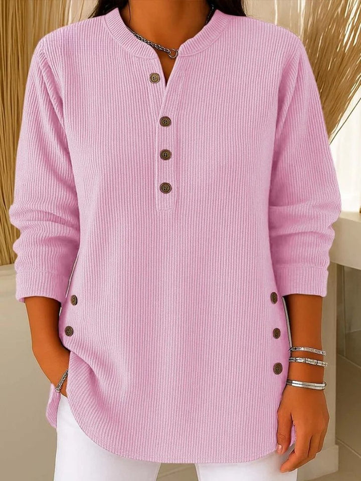 Josephine | Crew Neck Button Details Ribbed Knit Texture Sweater