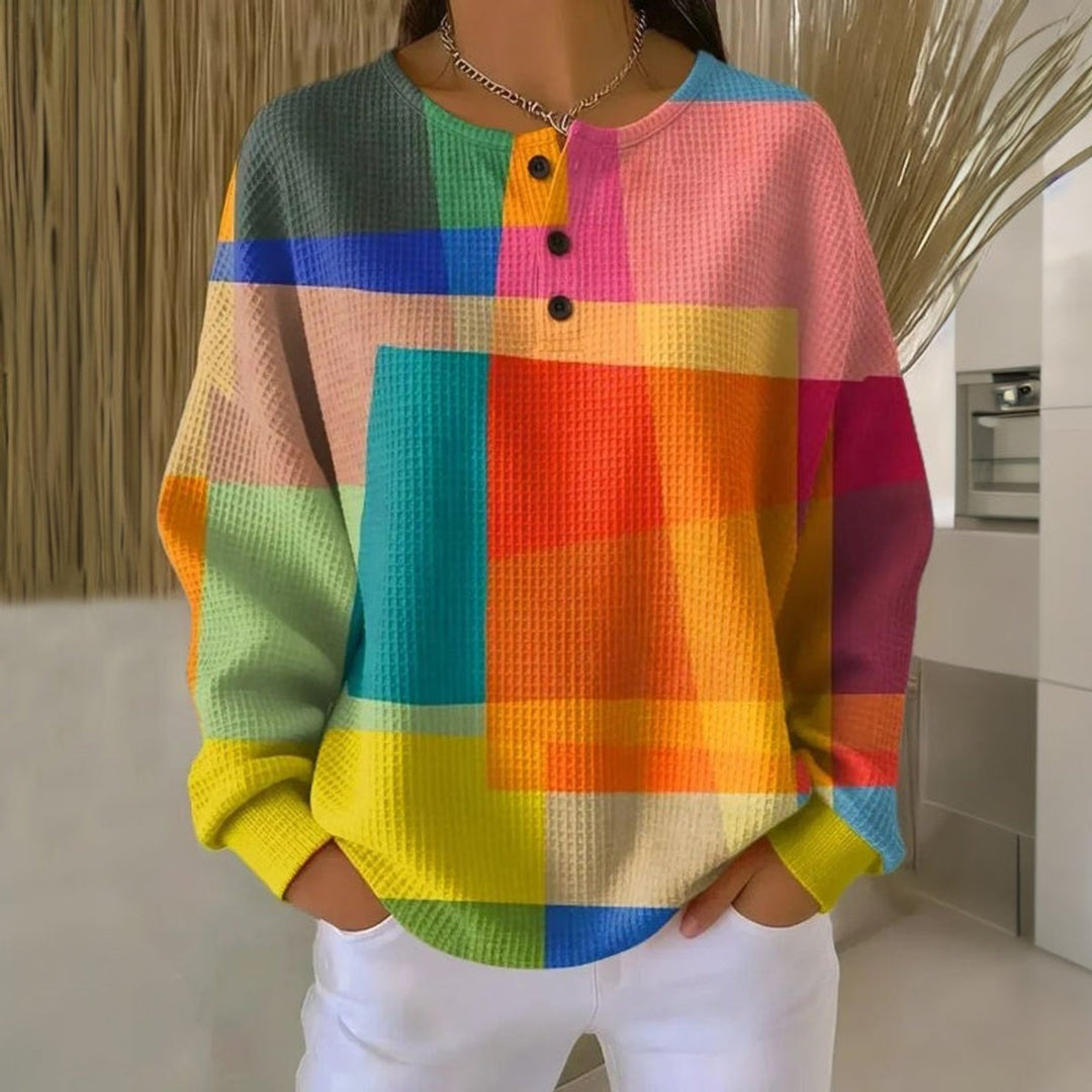 Colorblock Eye-catching Print Waffle-knit Texture Sweater