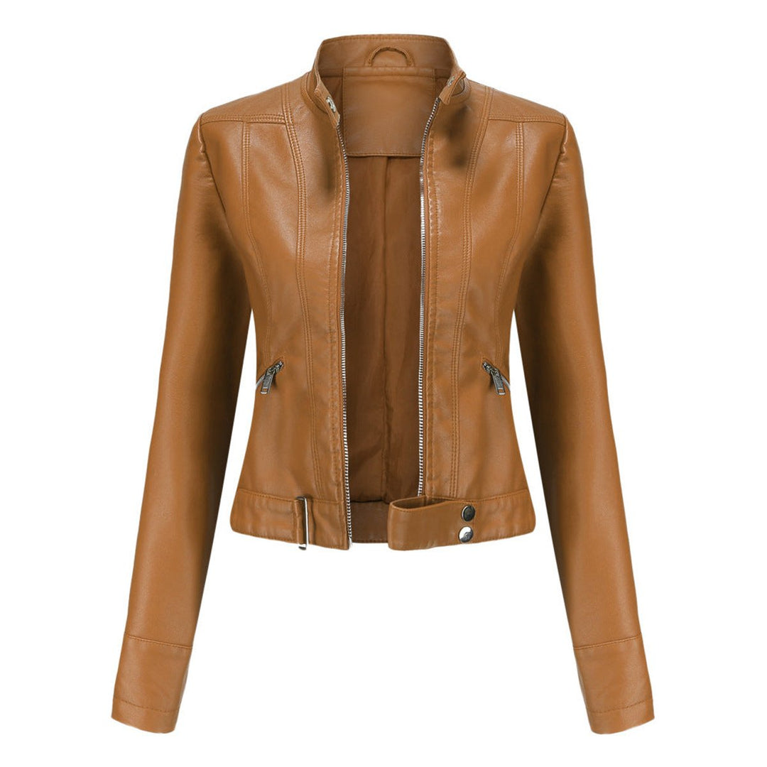 Linda | Cropped Faux Leather Stand-Collar Moto Biker Jacket