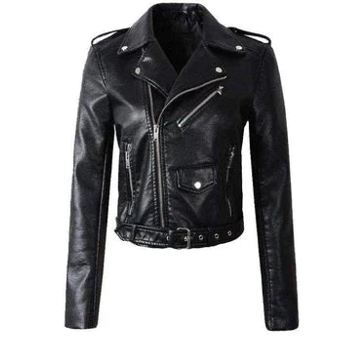 Gina | Cropped Faux Leather Belted Moto Biker Jacket