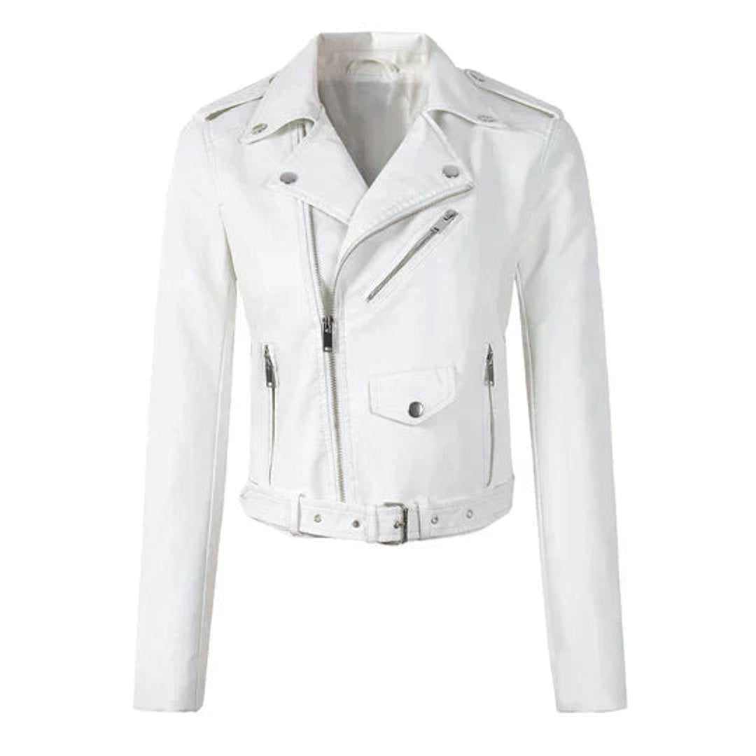 Gina | Cropped Faux Leather Belted Moto Biker Jacket