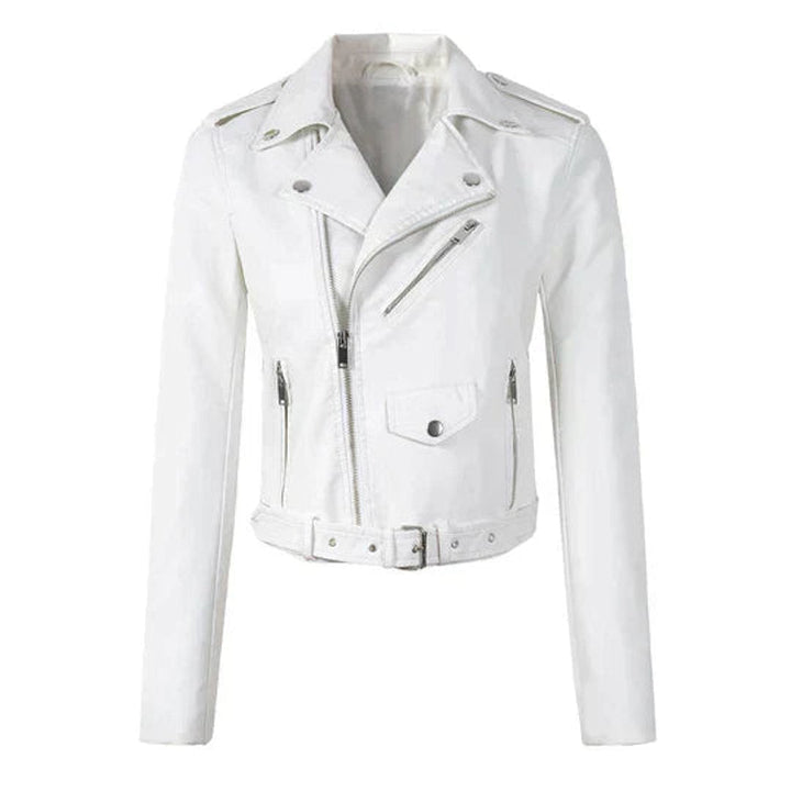 Gina | Cropped Faux Leather Belted Moto Biker Jacket