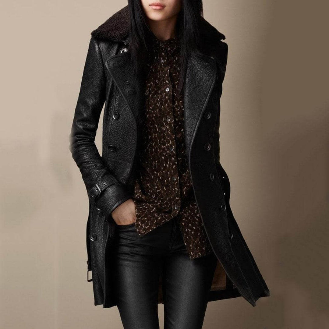 Cindy | Double-Breasted Shearling-Collar Leather Trench Coat