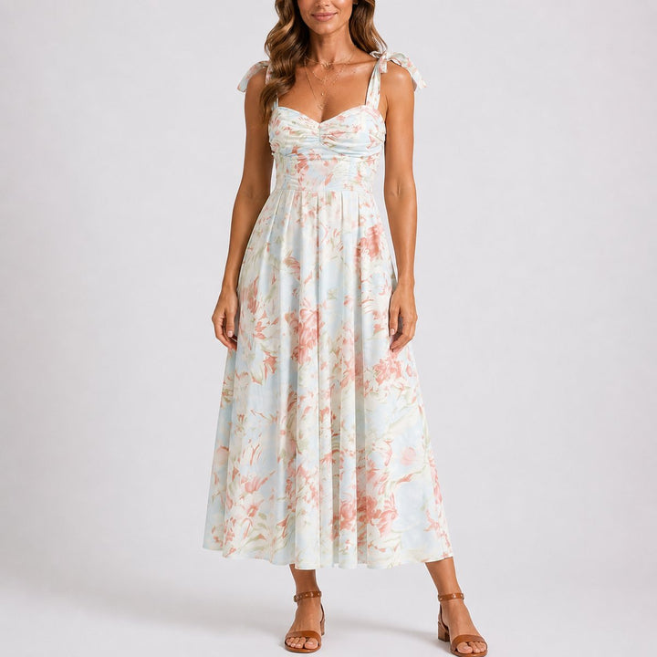 Wedding Guest Dress for Women | Ruched Tie-Shoulder Floral Midi